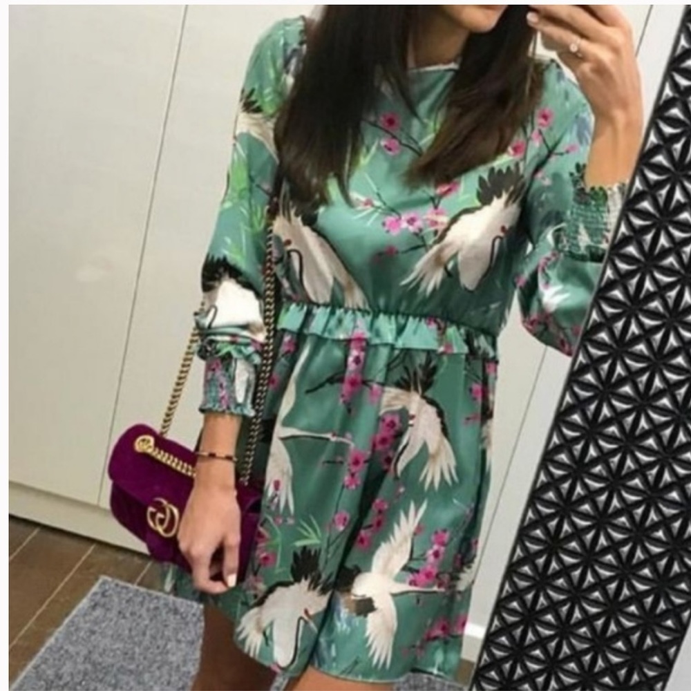 Zara Crane Heron Blossom Silky Mini Dress …